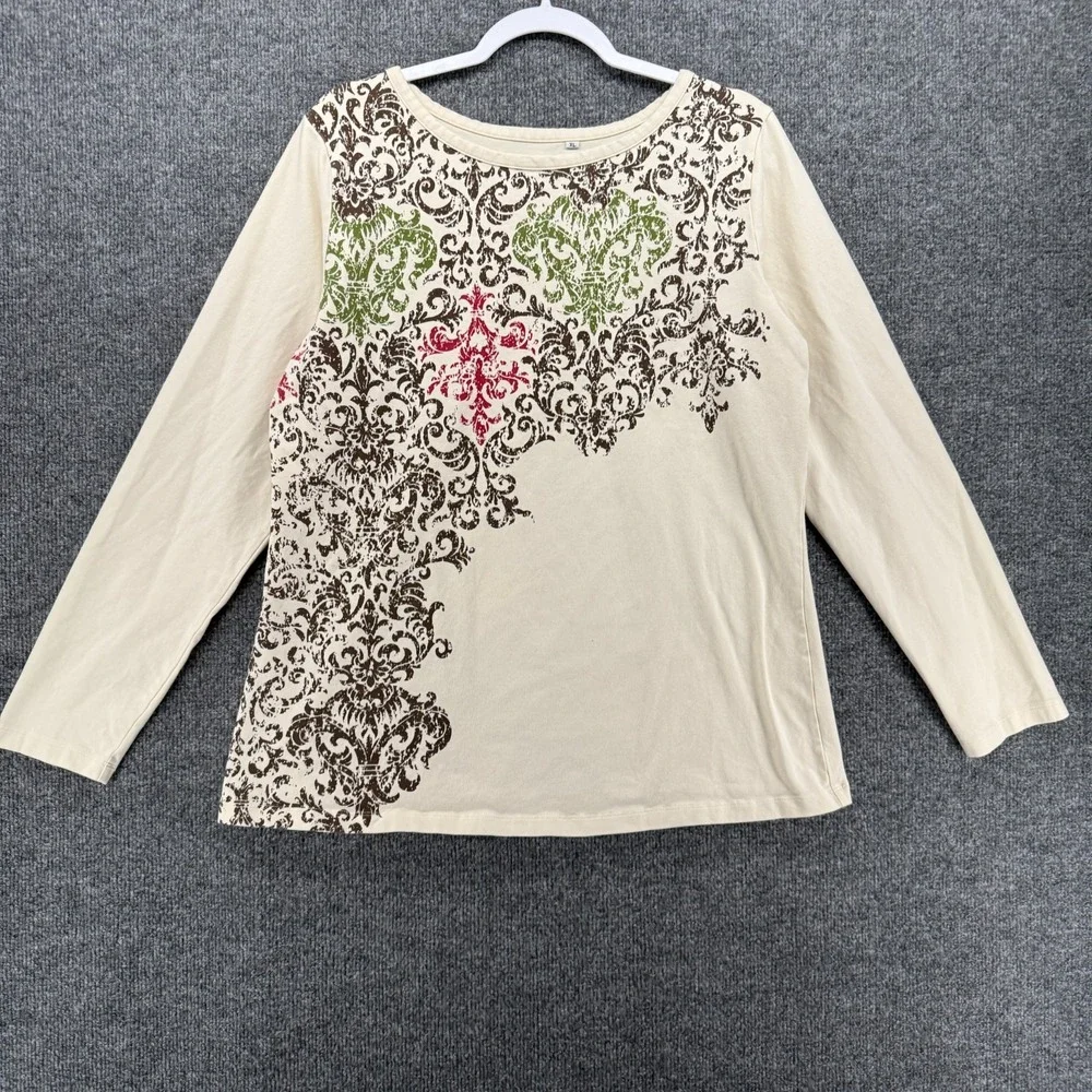 Acacia Top Women XL Cream Cross Graphic Round New Long Sleeve Y2K Casual